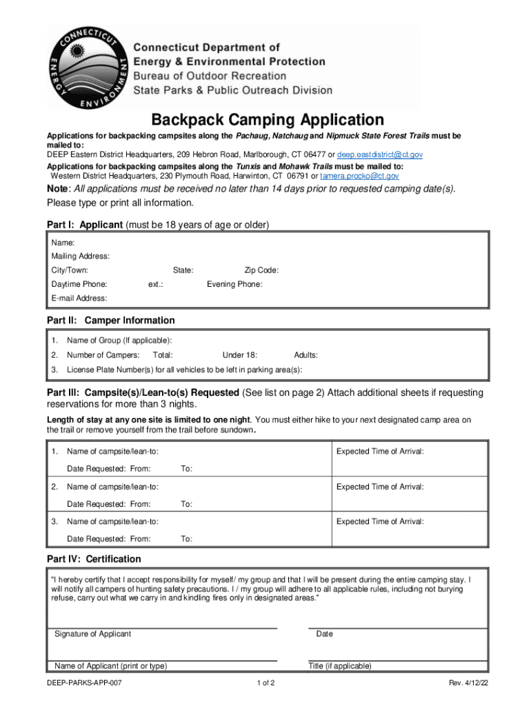 Fillable Online Backpack Camping CT State Parks and Forests CT.gov