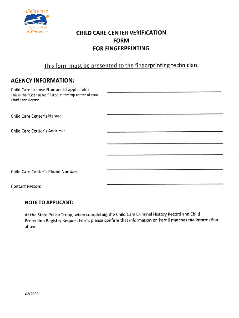 verification child care center for fingerprinting form delaware Preview on Page 1