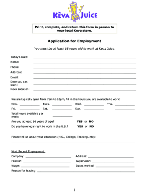 Application For Employment - Keva Juice USA - US Legal Forms