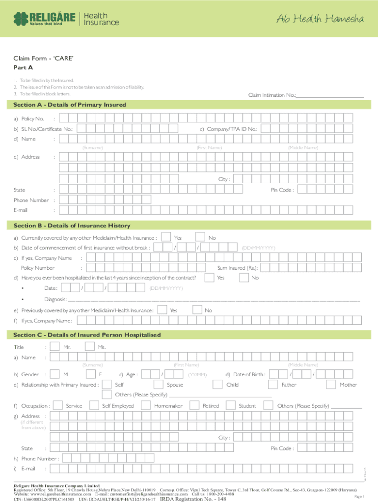 CARE V2 - CLAIM FORM cdr Preview on Page 1