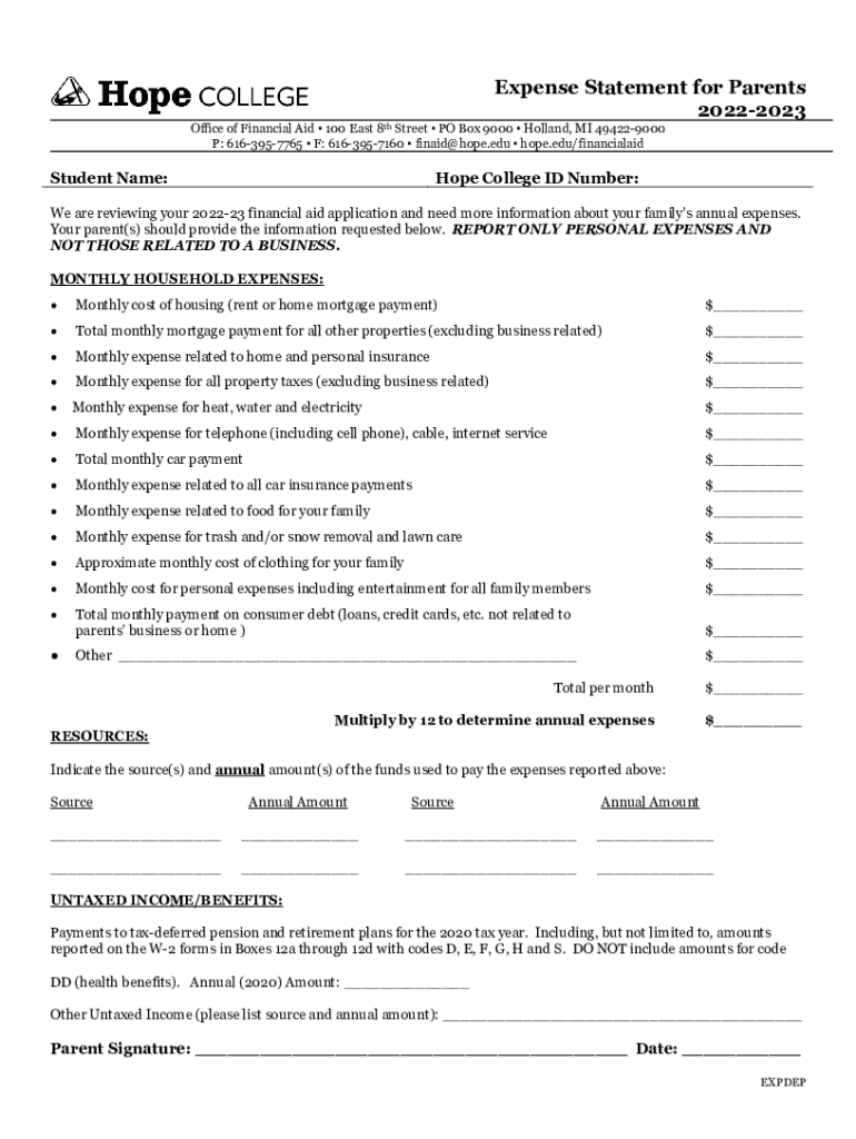 Fillable Online Expense Statement for Parents 20222023 Hope College