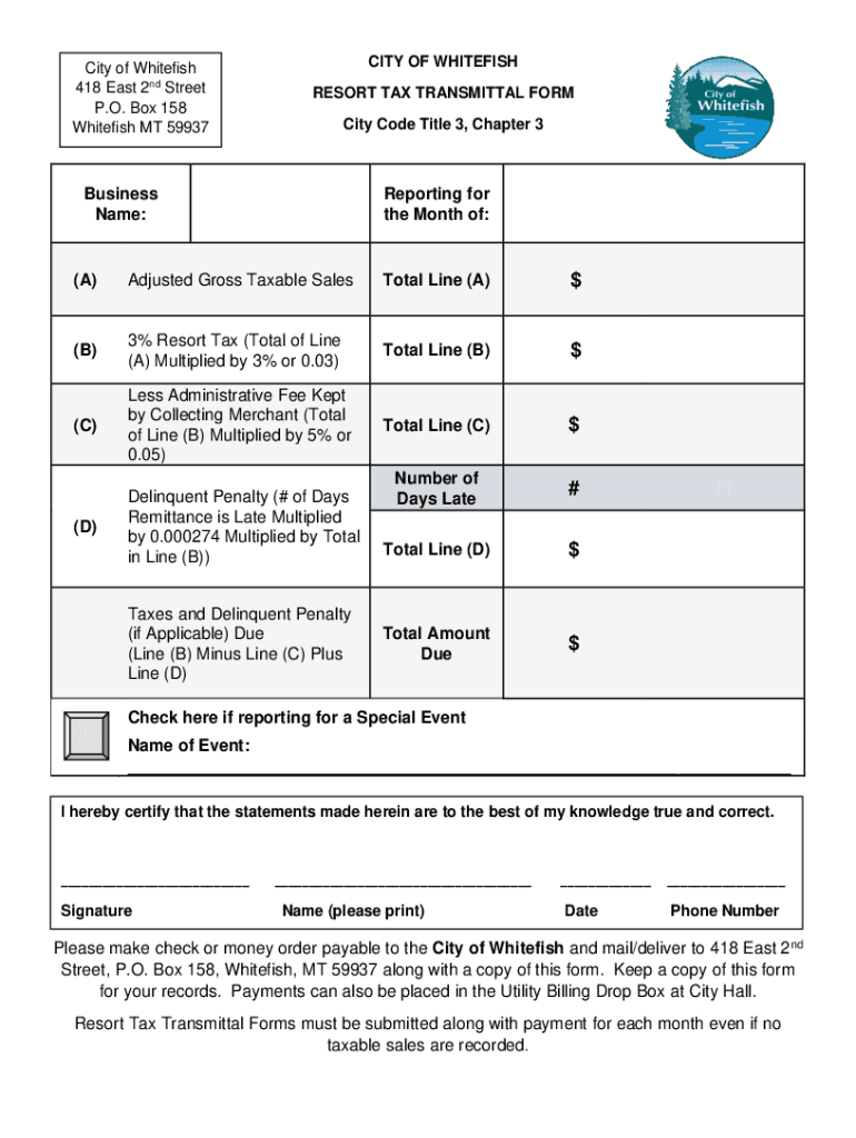 Fillable Online CITY OF WHITEFISH Resort Tax Transmittal Form (City