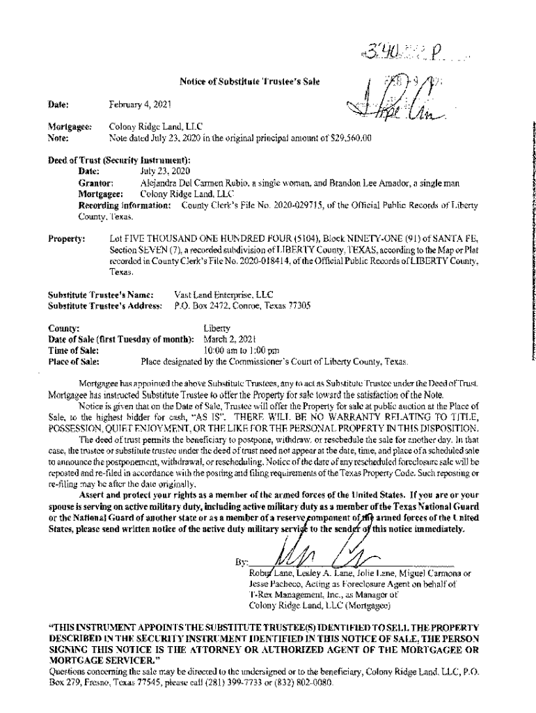 Fillable Online ( NOTICE OF TRUSTEE'S SALE Liberty County, Texas Fax