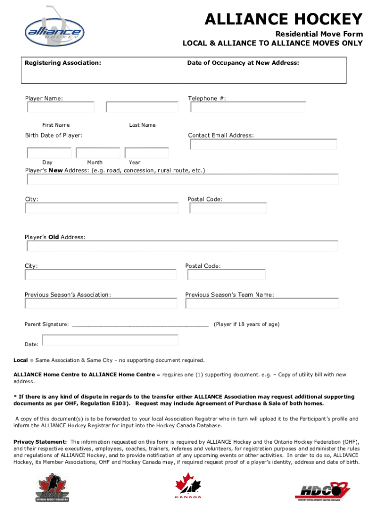 Fillable Online Residential Move Form Alliance Hockey Fax Email
