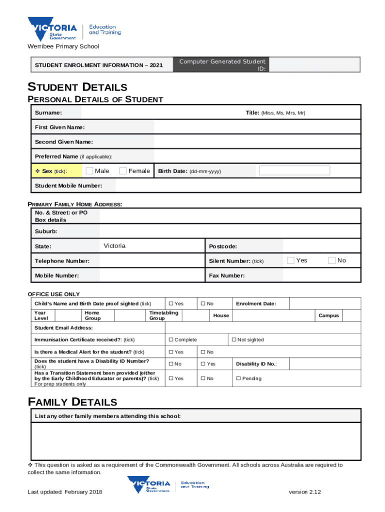 STUDENT ENROLMENT Doc Template | pdfFiller