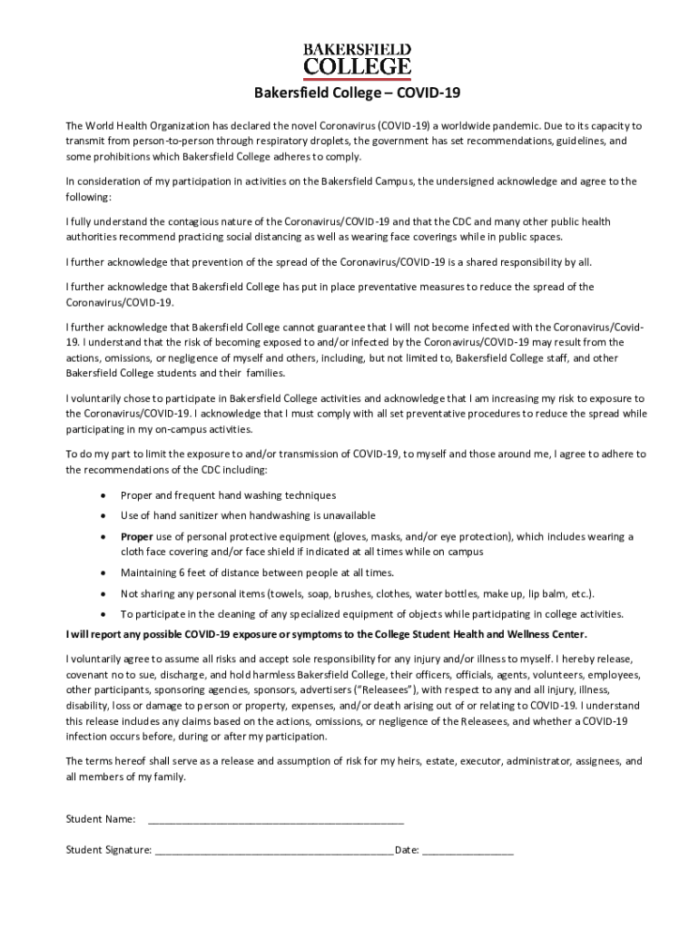 Fillable Online Bakersfield College COVID19 Student Attestation Form
