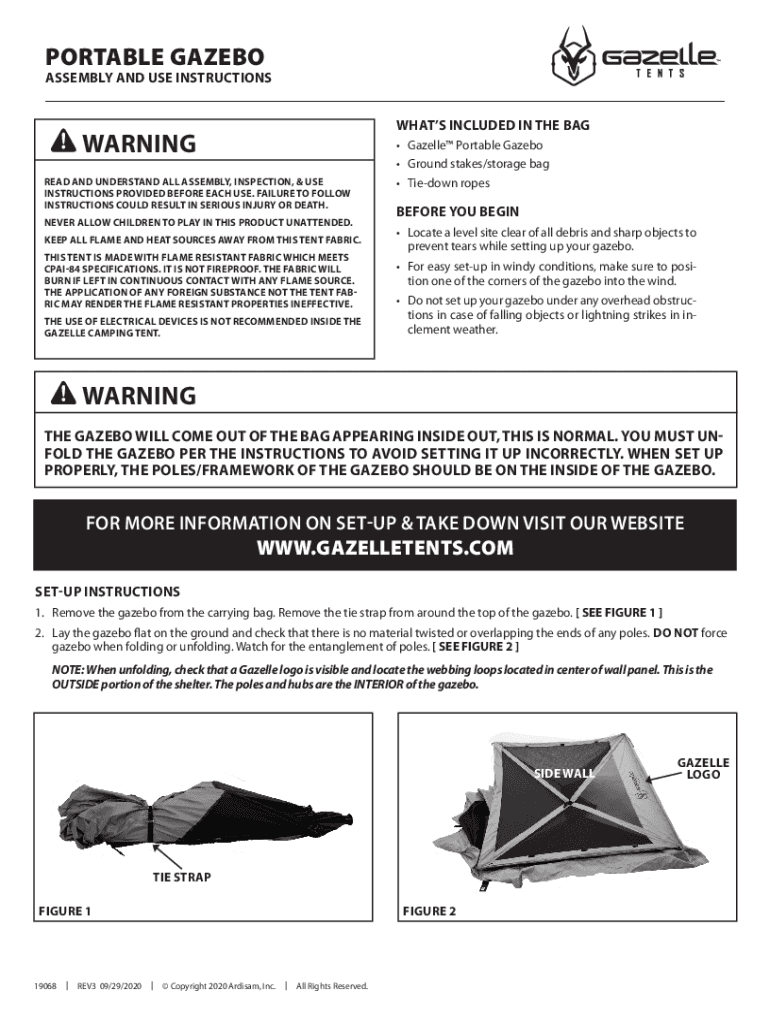 Fillable Online Gazelle Portable Gazebo Assembly And Use Instructions