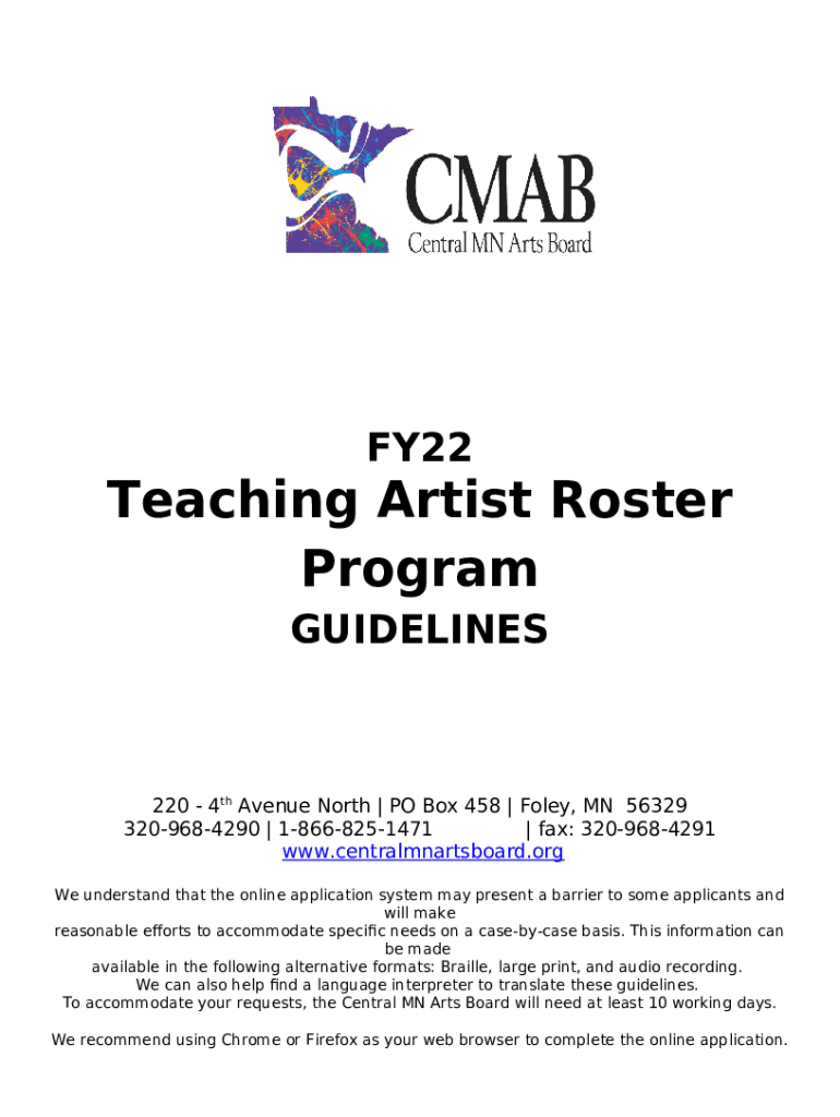 Teaching Artist Roster Program Central MN Arts Board Doc Template