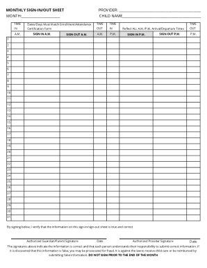 Fillable Online monthly sign in/out sheet Fax Email Print pdfFiller Fillable Online monthly sign in/out sheet Fax Email Print pdfFiller