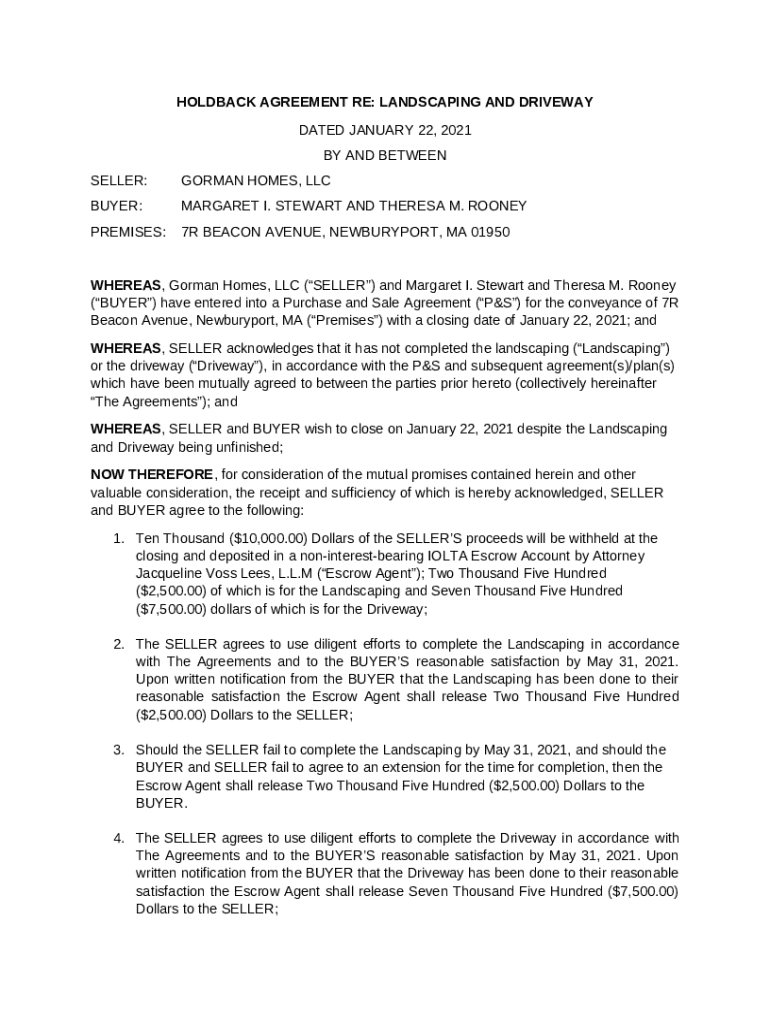HOLDBACK AGREEMENT RE LANDSCAPING AND DRIVEWAY Doc Template pdfFiller