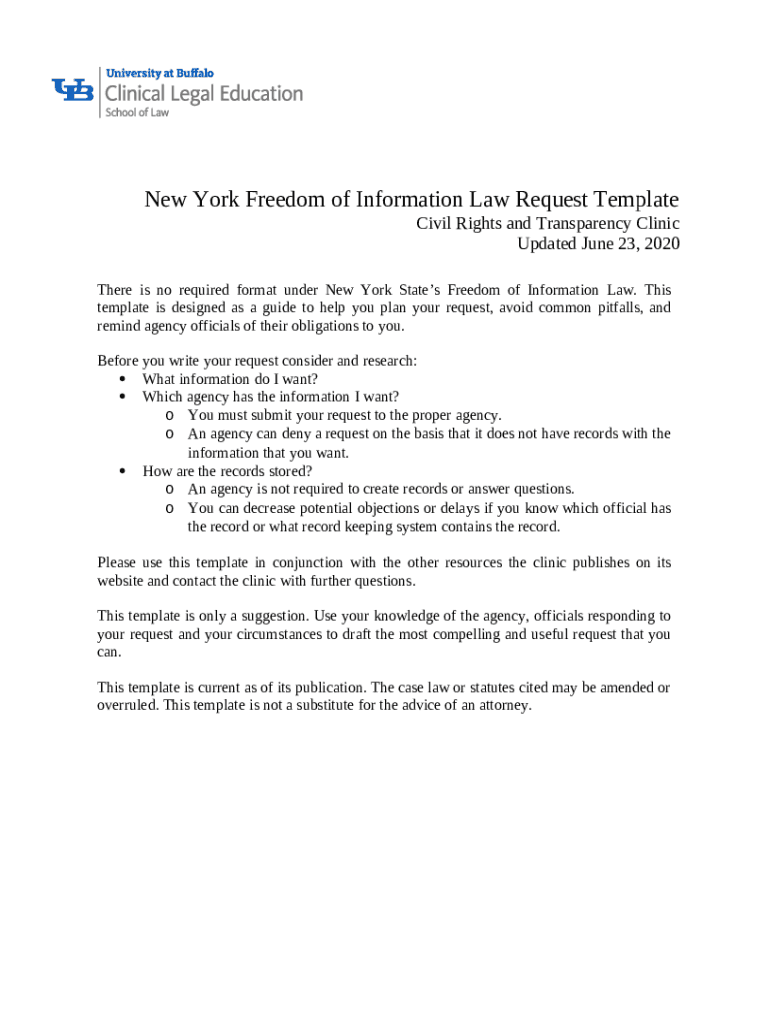 New York Freedom of Ination Law Request Template Doc Template pdfFiller