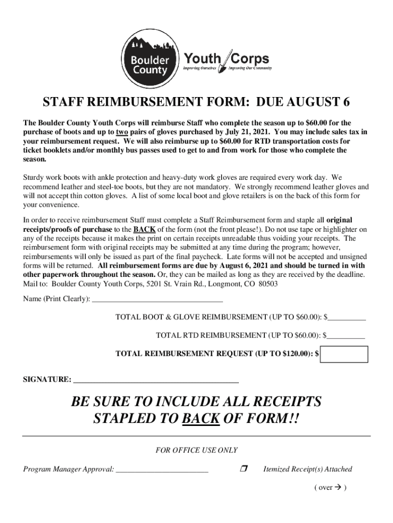Fillable Online Youth Corps Staff Boot And Glove Reimbursement Form Fax