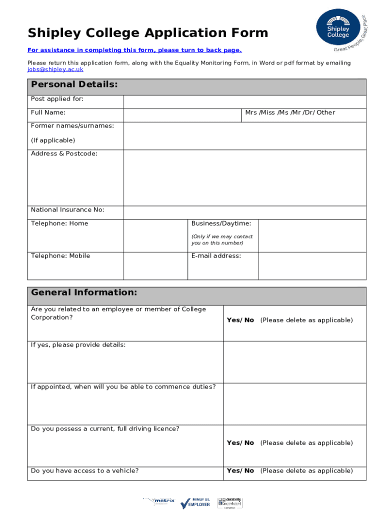 Application - Shipley College Doc Template | pdfFiller