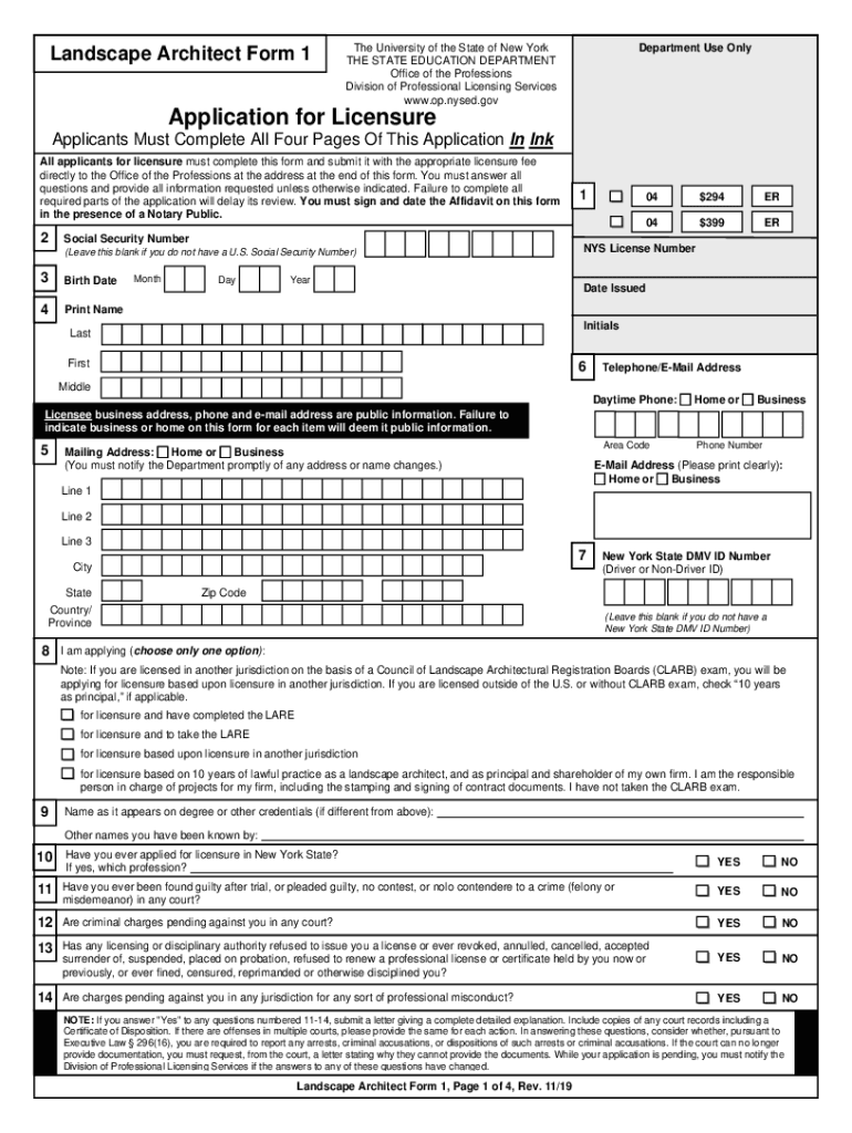 Fillable Online op nysed Landscape Architect Form 1. Application for