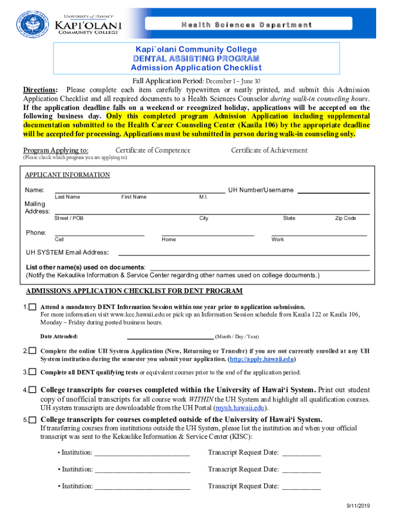 Fillable Online Kapiolani Community College Dental Assisting Program