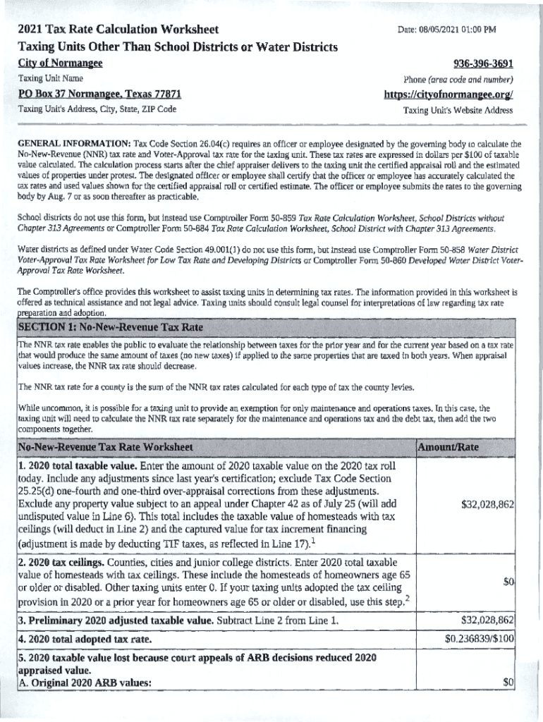 Fillable Online 2021 Tax Rate Calculation Worksheet Madison County