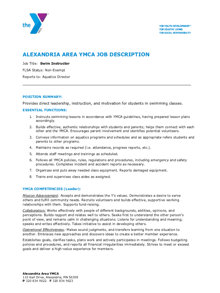 Fillable Online Swim Instructor Job Description Sample Fax Email Print