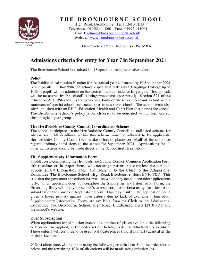 Fillable Online School Vision / Ethos The Broxbourne School Fax Email