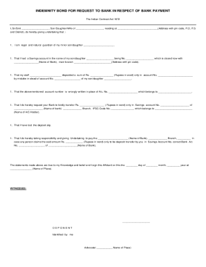 Fillable Online INDEMNITY BOND FOR REQUEST TO BANK IN RESPECT OF ...