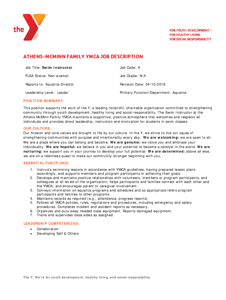 Fillable Online Swim Lesson Instructor REPORTS TO Aquatics Coordinator