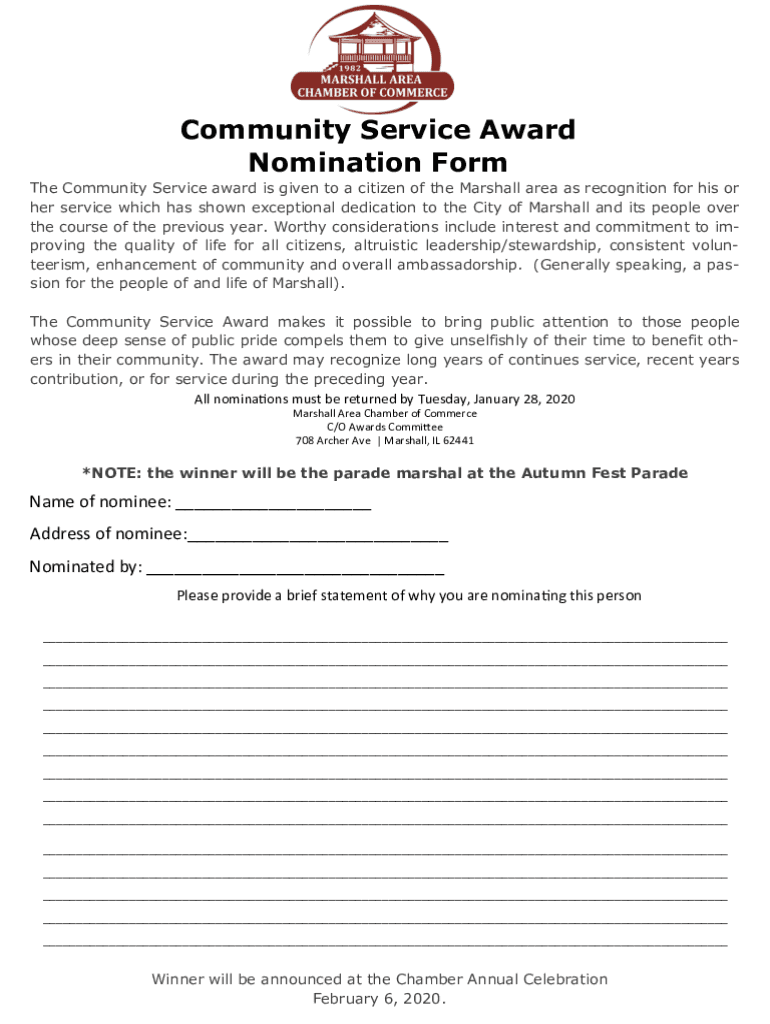 Fillable Online Nomination Form for Community Service Awards Fax Email