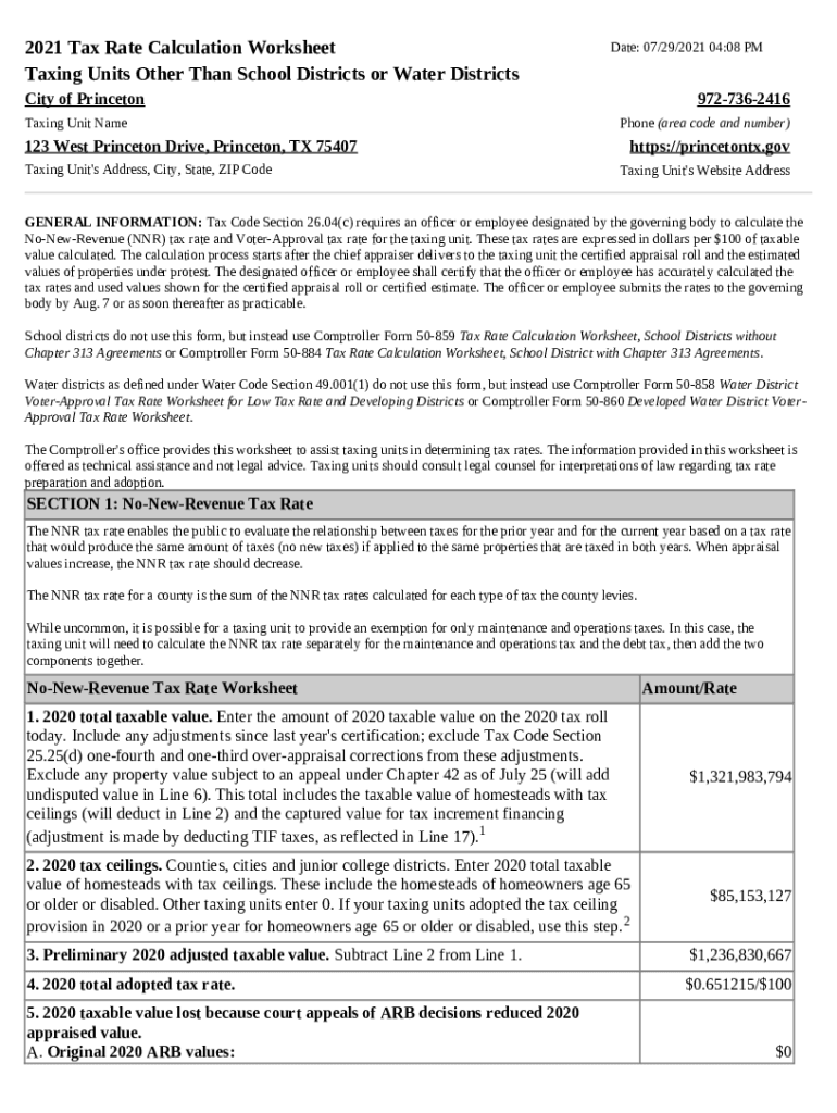 Fillable Online 2021 Tax Rate Calculation Worksheet Brazoria County