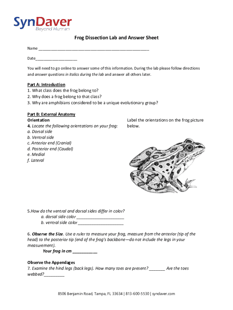 Fillable Online synfroglabworksheet.pdf Frog Dissection Lab and Answer... Fax Email Print