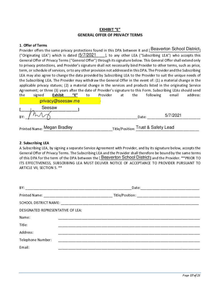Fillable Online OREGON STUDENT DATA PRIVACY AGREEMENT Version 1.0