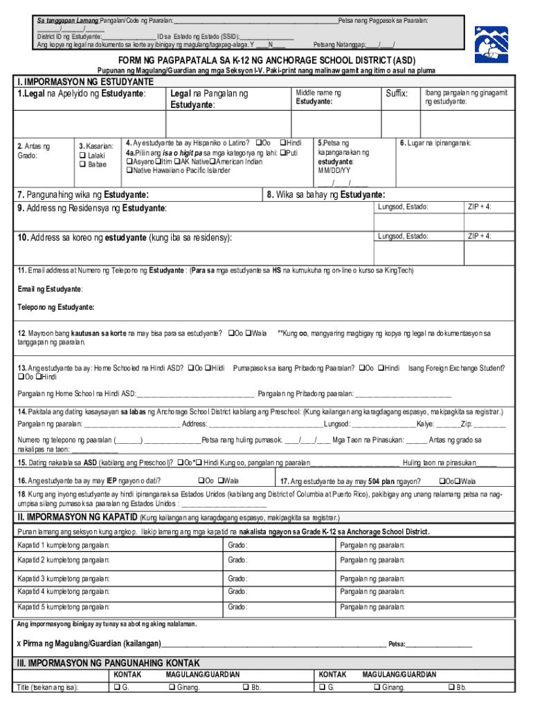 Fillable Online anchorage school district (asd) k12 form ng pagpapa