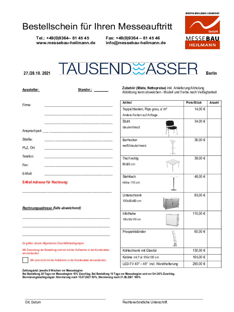 Ausfüllbar Online Bestellschein fr Ihren Messeauftritt - TAUSENDWASSER