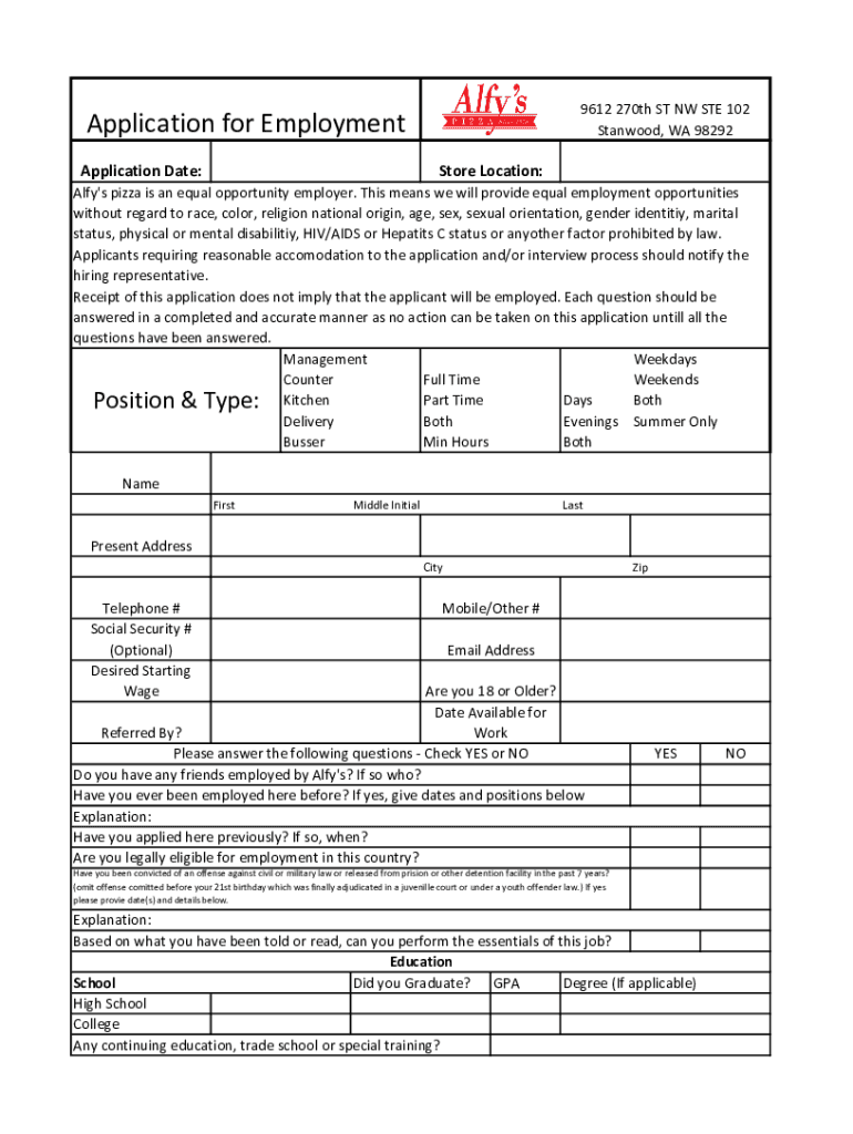 Application for Employment - Alfy's Pizza Preview on Page 1