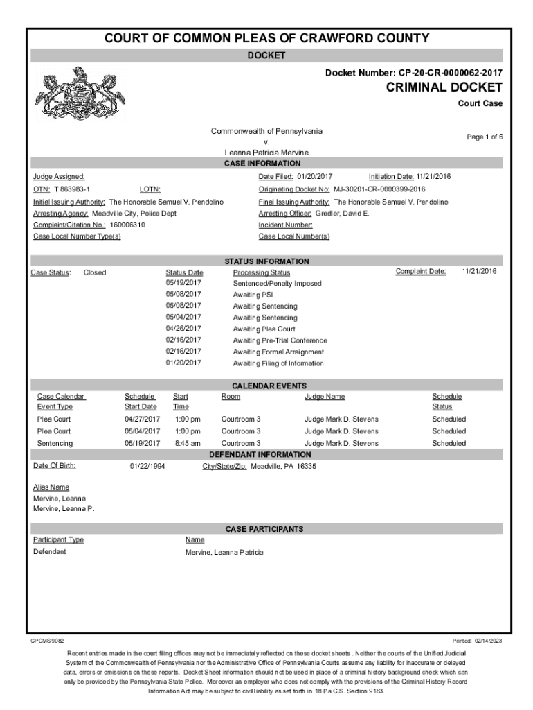 Fillable Online COURT OF COMMON PLEAS OF CRAWFORD COUNTY CRIMINAL Fillable Online COURT OF COMMON PLEAS OF CRAWFORD COUNTY CRIMINAL