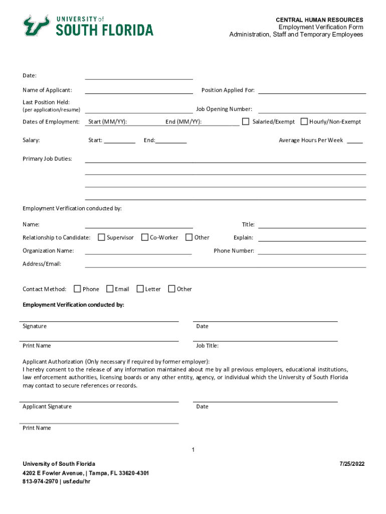 Fillable Online CENTRAL HUMAN RESOURCES Employment Verification Form