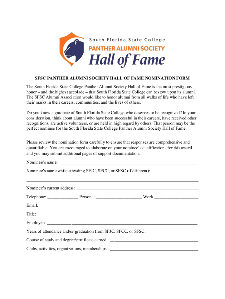 Fillable Online sfsc panther alumni society hall of fame nomination