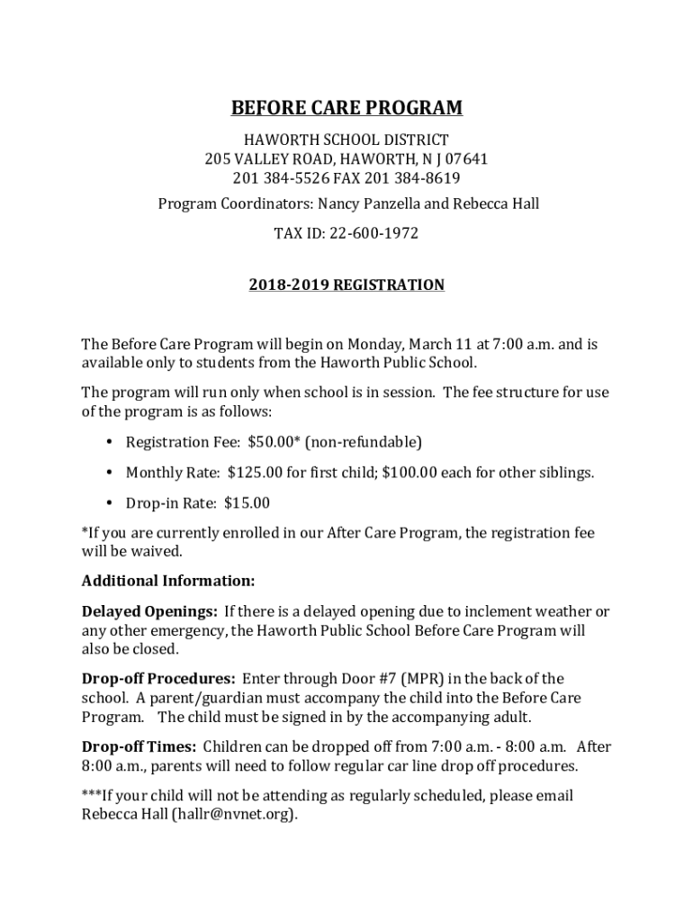 Fillable Online BEFORE CARE PROGRAM Haworth Public School Fax Email