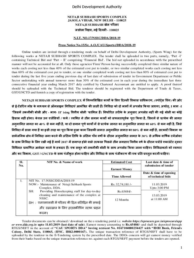 Fillable Online M/o Netaji Subhash Sports Complex Jasola DDA Tender