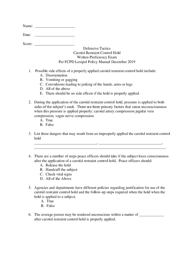 Fillable Online Quiz Test your knowledge on control holds & restraints