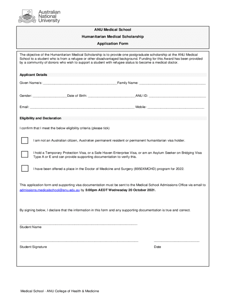 Fillable Online Humanitarian Medical Scholarship Application Form ANU