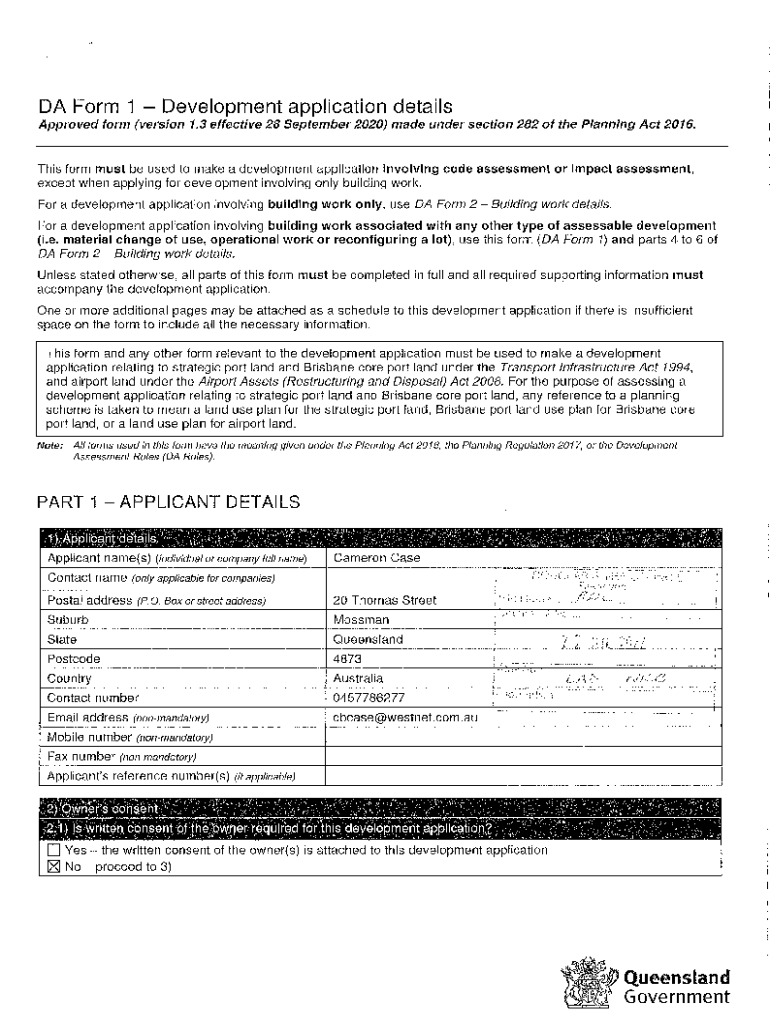 Fillable Online DA Form 1 Development Application Details PART 1 Fax fillable-online-da-form-1-development-application-details-part-1-fax