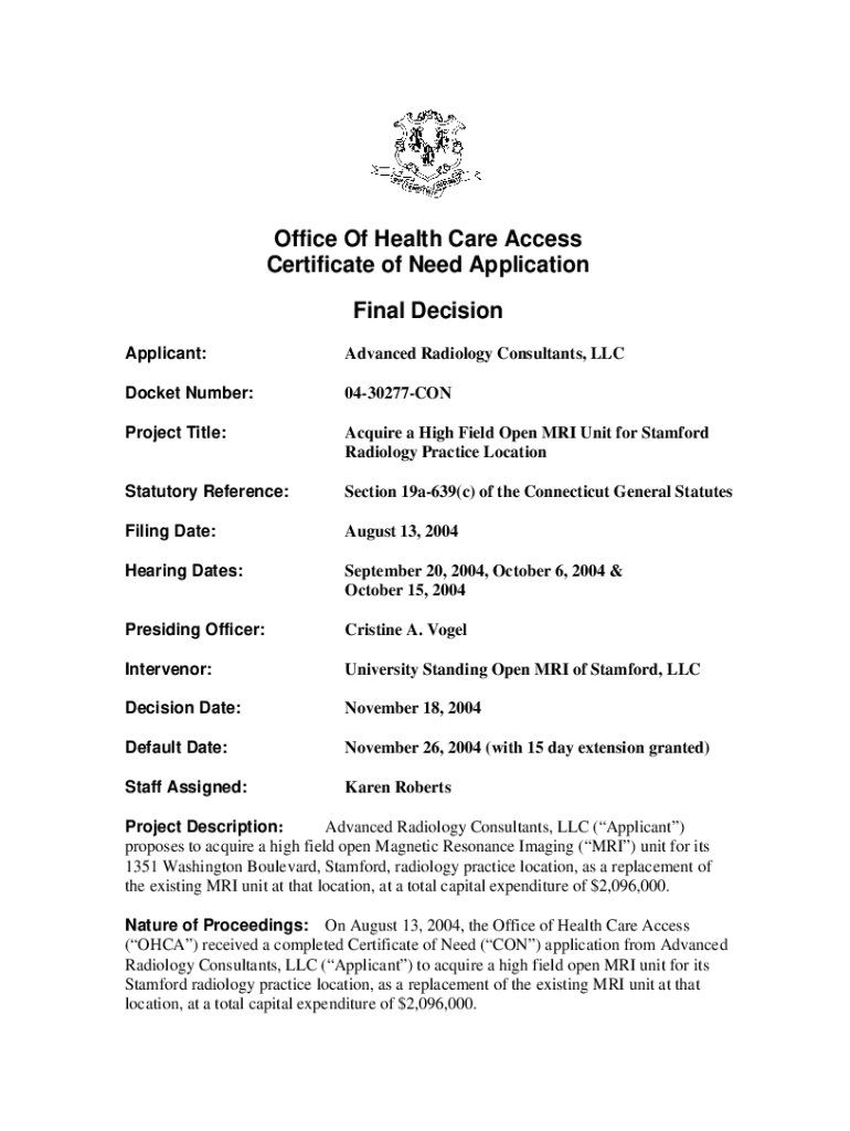 Fillable Online Office Of Health Care Access Certificate of Need
