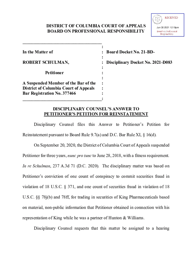 Fillable Online ExHunton partner urges D.C. bar reinstatement after