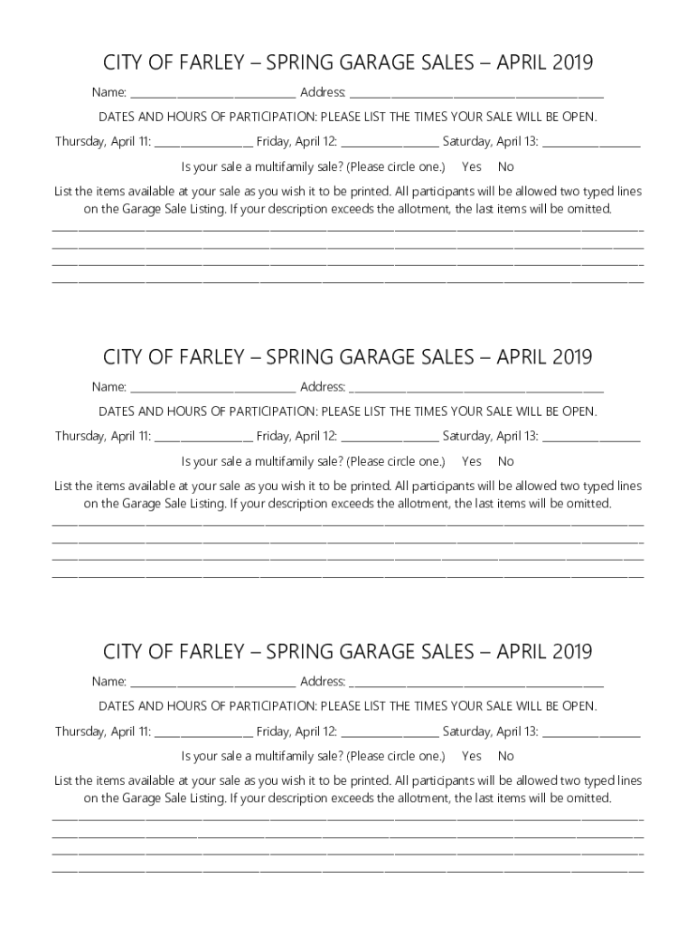 Fillable Online City Wide Garage Sales* As a... The City of Farley