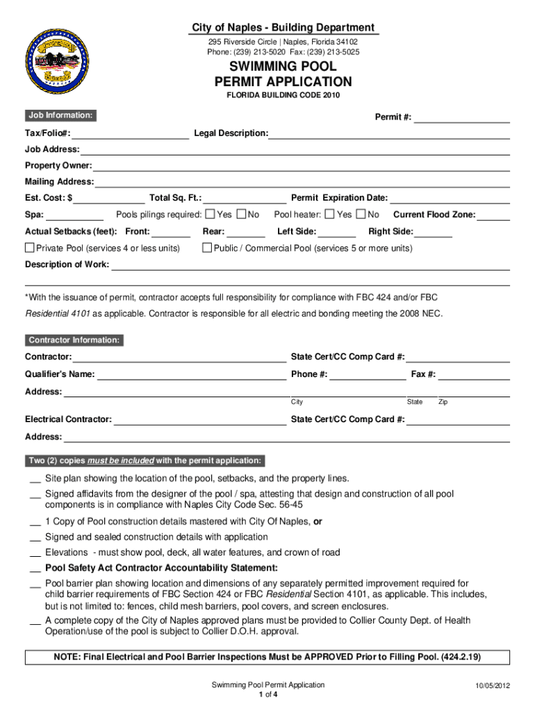 Fillable Online SWIMMING POOL PERMIT APPLICATION Naples, Florida Fax