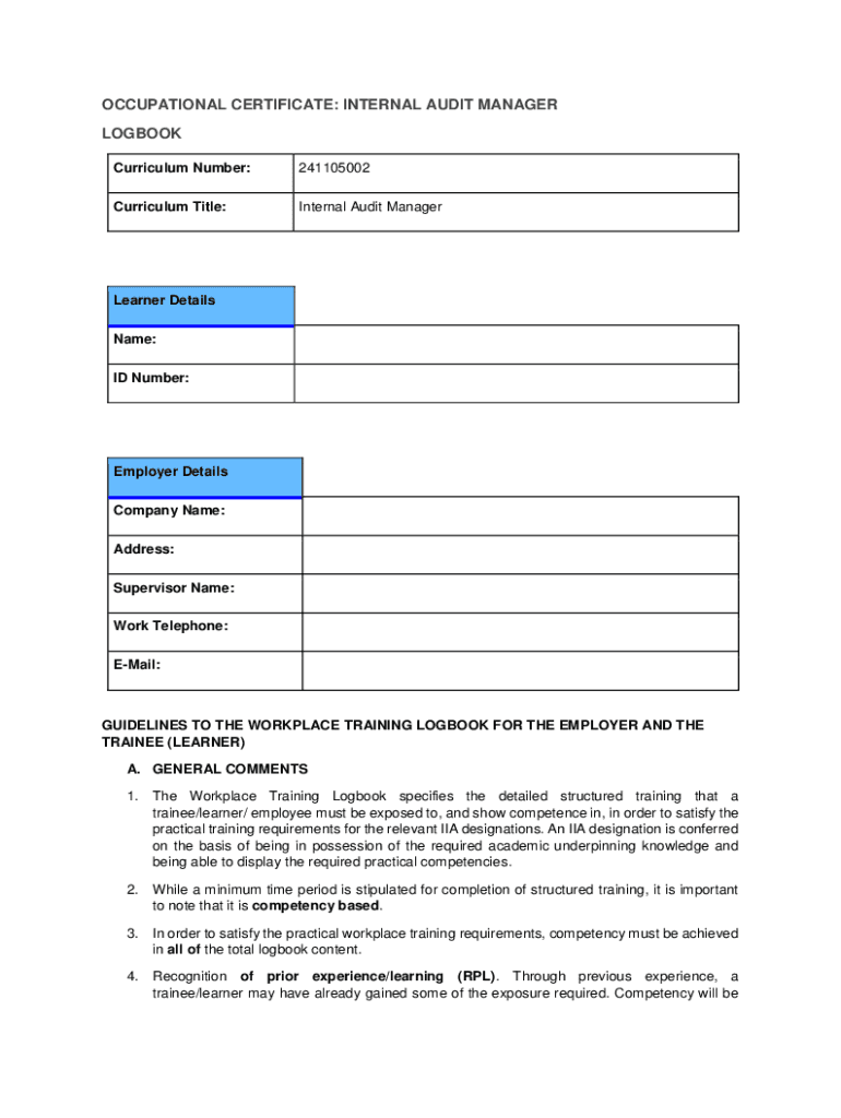 Fillable Online OCCUPATIONAL CERTIFICATE: INTERNAL AUDIT MANAGER