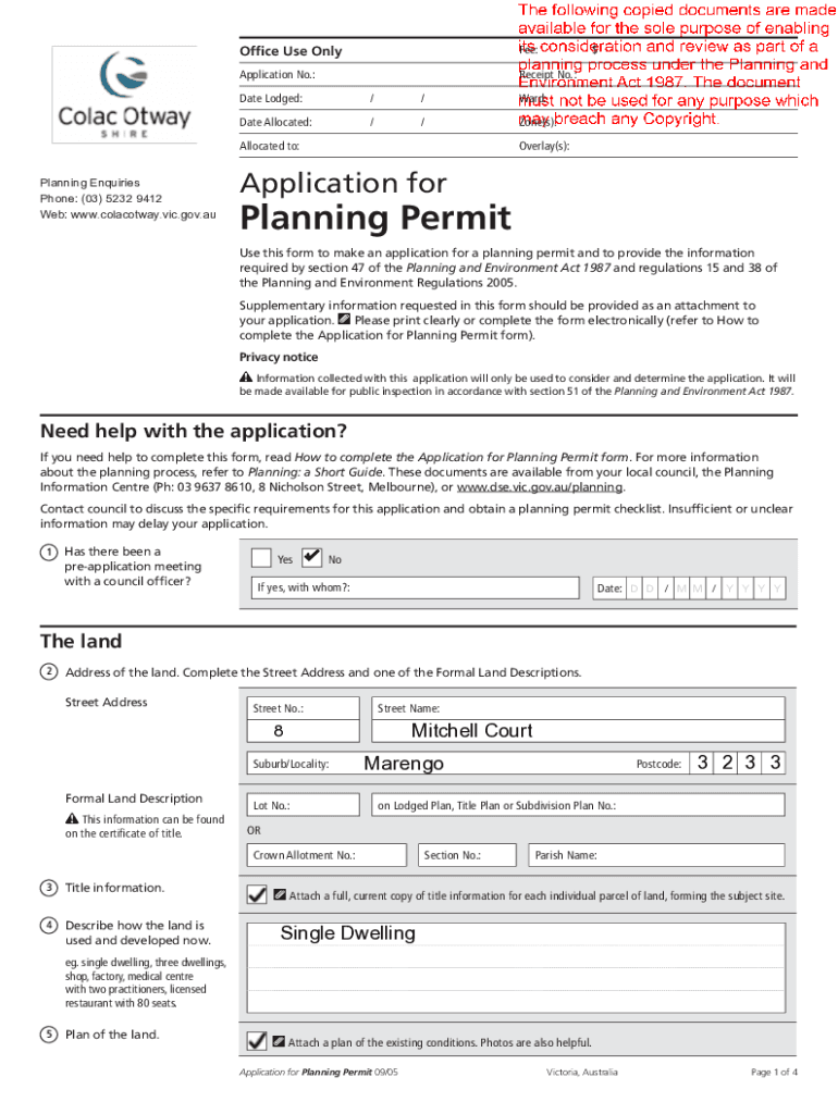 Fillable Online Application for Planning Permit form Colac Otway