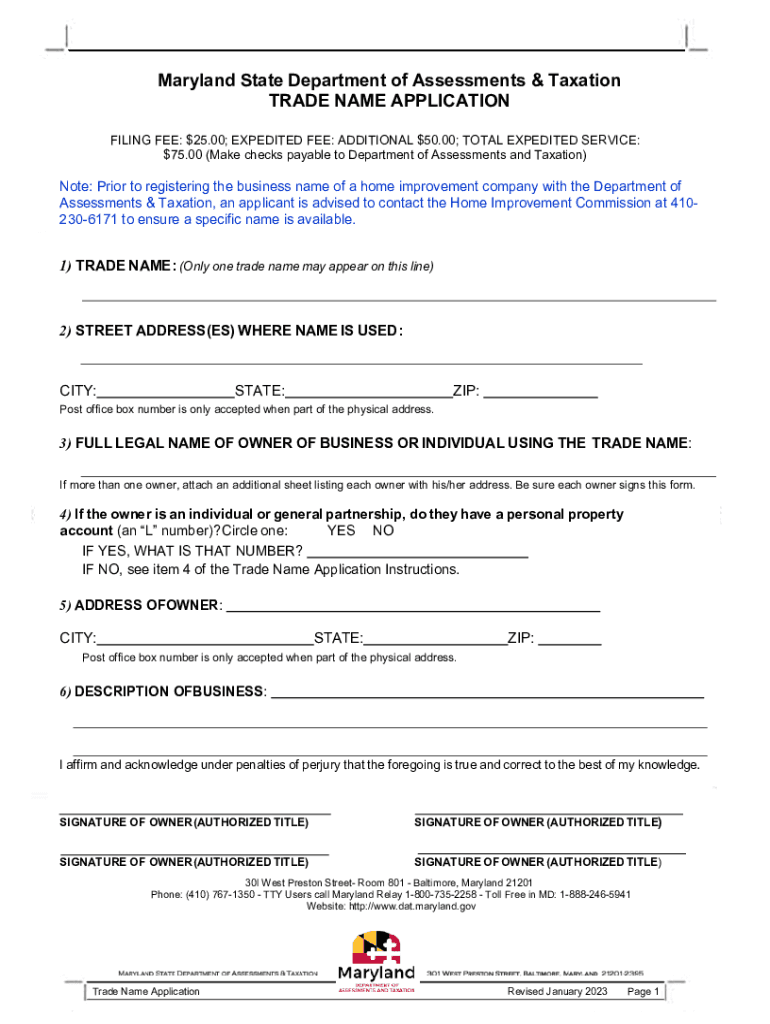 trade name registration application Preview on Page 1
