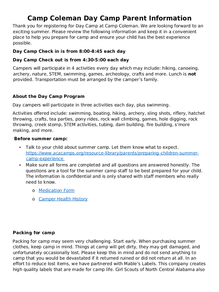 Frequently Asked Questions Coleman Country Day Camp Doc Template