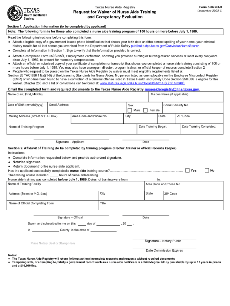 Form 5507-NAR, Request for Waiver of Nurse Aide Training ... Preview on Page 1