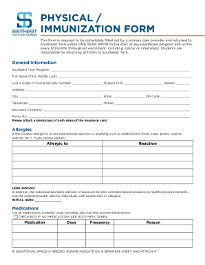 Fillable Online catalog southeasttech Physical Immunization Form Fax ...