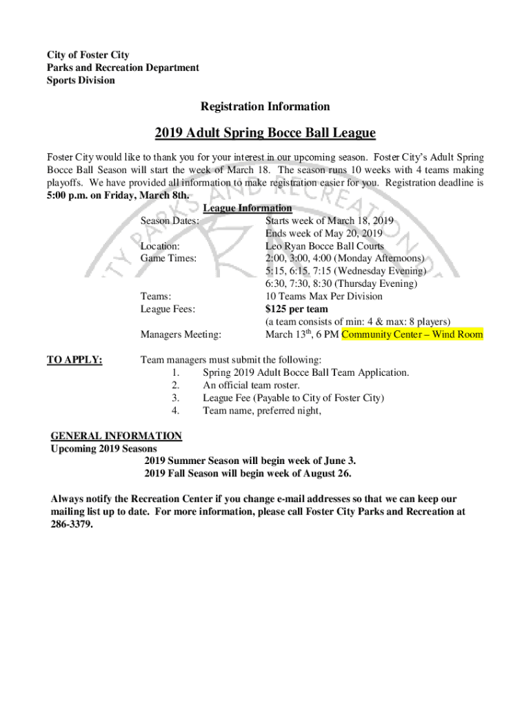 Fillable Online 2019 Adult Spring Bocce Ball League City of Foster